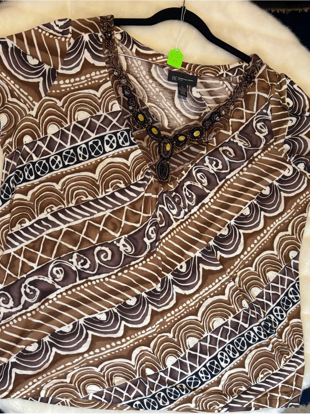 INC International Concepts Brown & Cream Beaded V-Neck Tunic